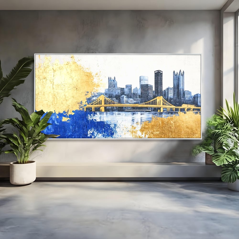 Tablou canvas cu tablou canvas cu peisaj urban si pod, in rama de aluminiu argintiu